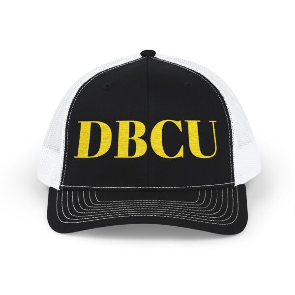 DBCU Embroidered Trucker Hat — Yellow Lettering Snapback Cap