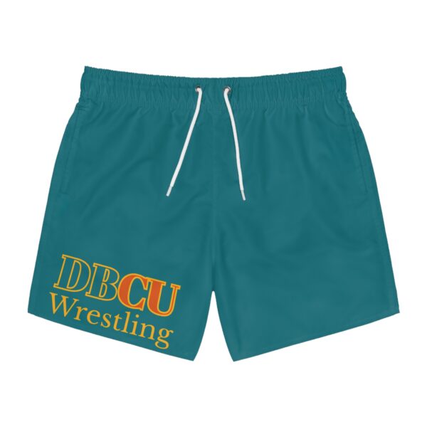 Wrestling Team Swim Trunks — Teal DBCU Logo Athletic Boardshorts